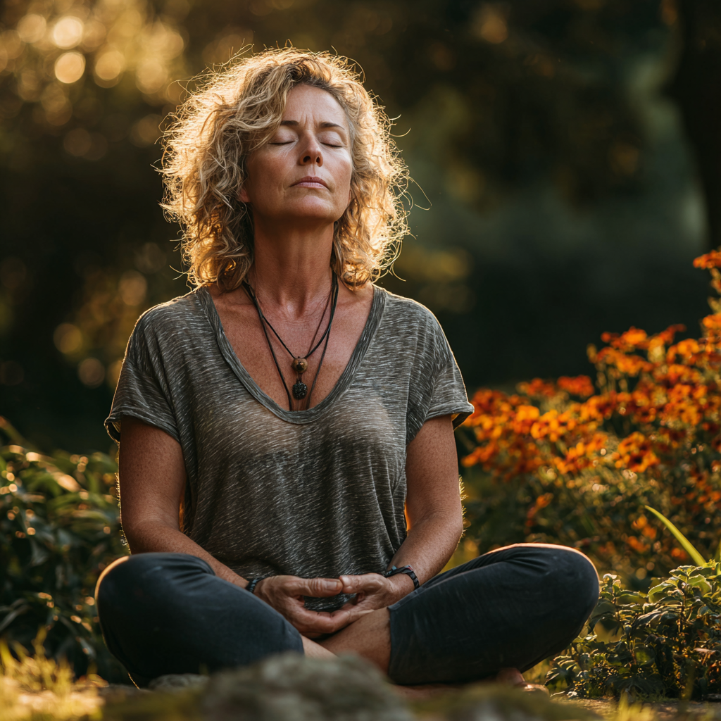 Middle-aged woman in her 50s practicing yoga outdoors in peaceful meditation pose surrounded by nature